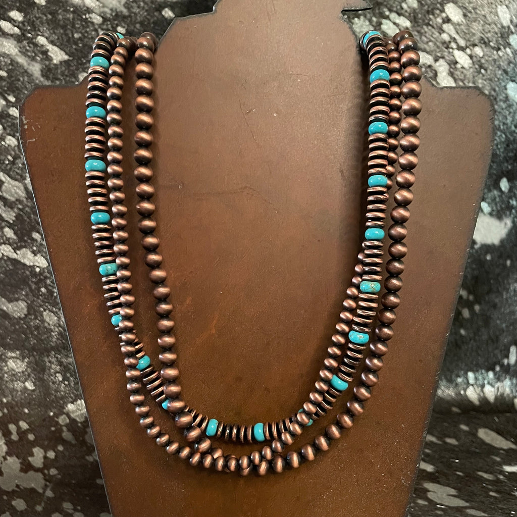 31" Faux Copper Navajo and Turquoise Beaded 3-Strand Necklace