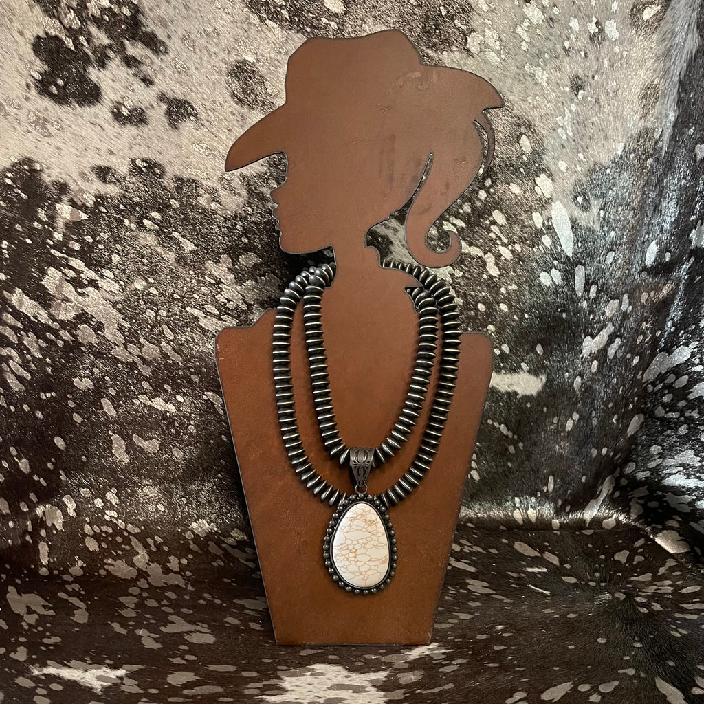 Faux Navajo Pearl Beads White Teardrop Pendant Necklace