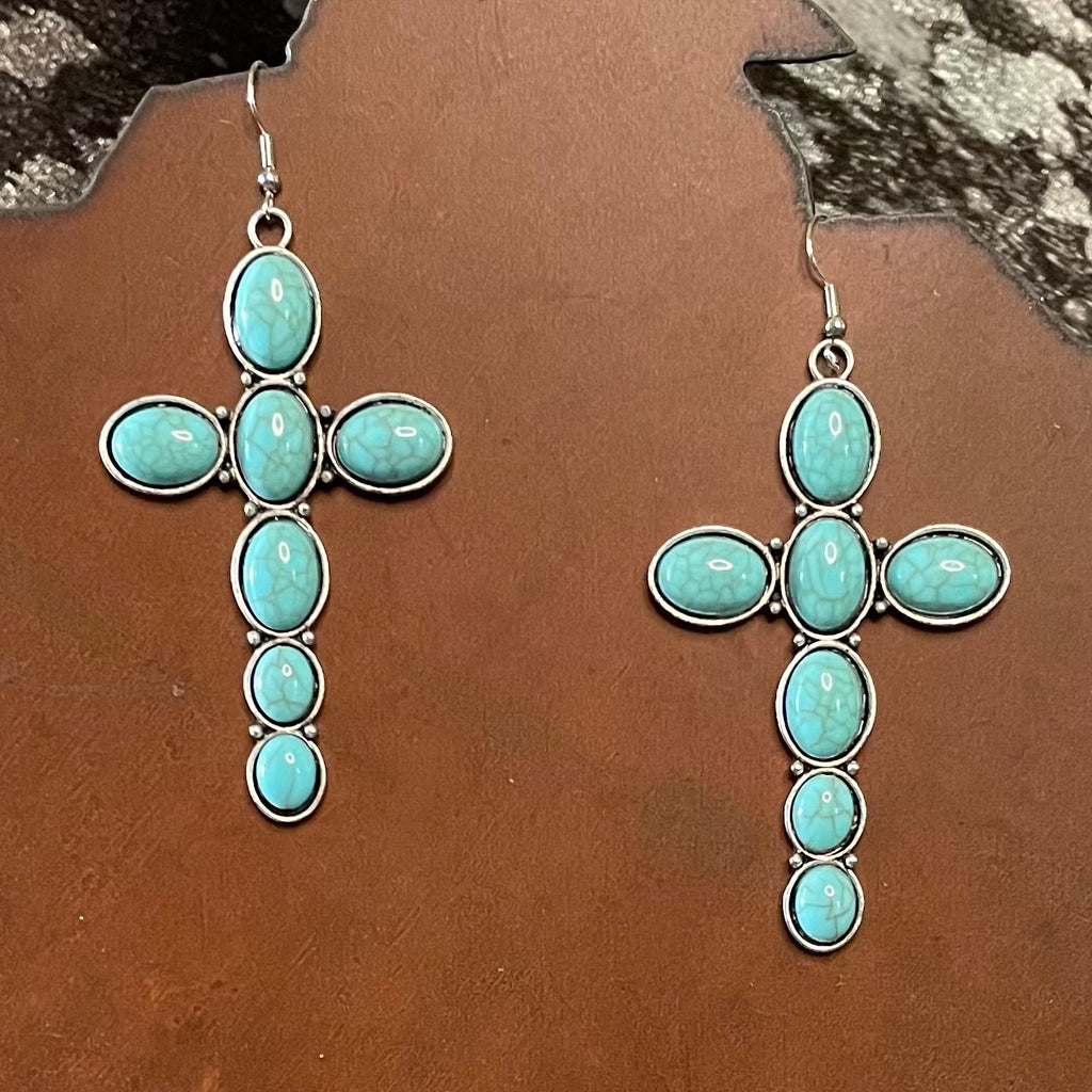 FAUX 3" Turquoise Cross Dangle Earrings