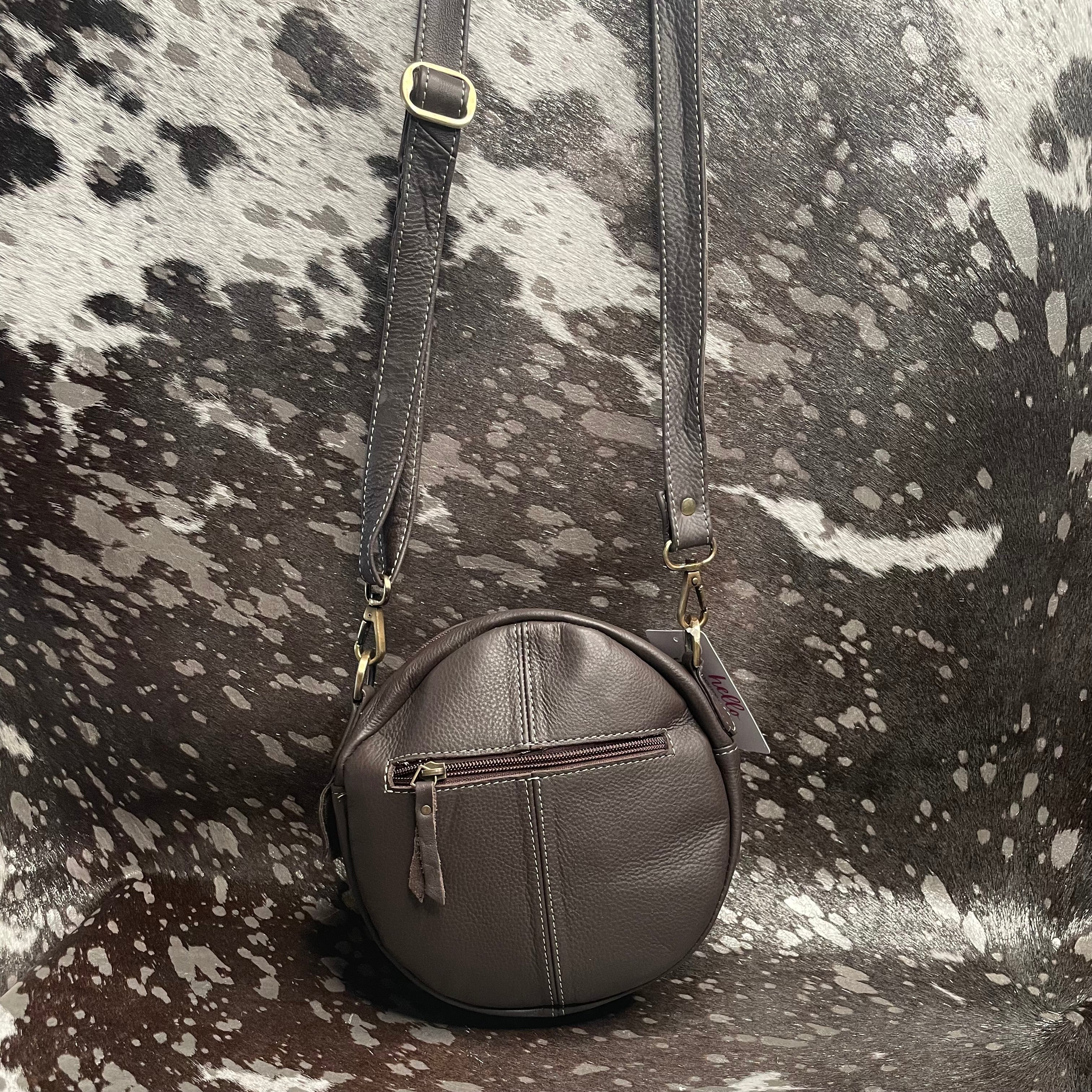 Round Leather Cowhide Crossbody Purse