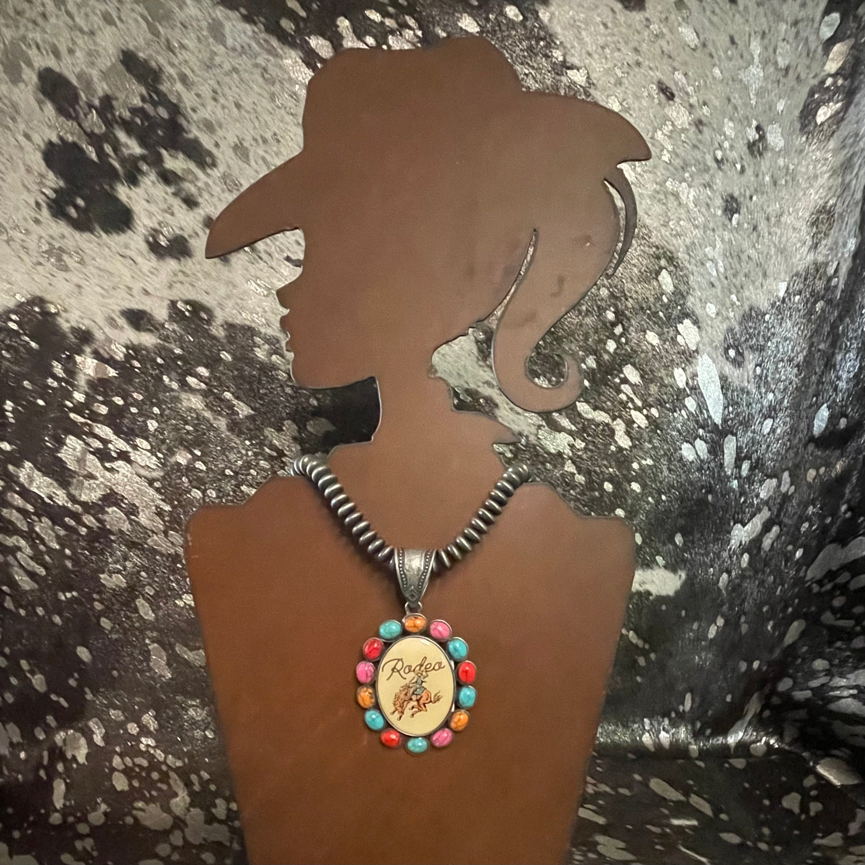 Multi-colored Faux Stone Pendant with Vintage Rodeo Cowboy Graphic