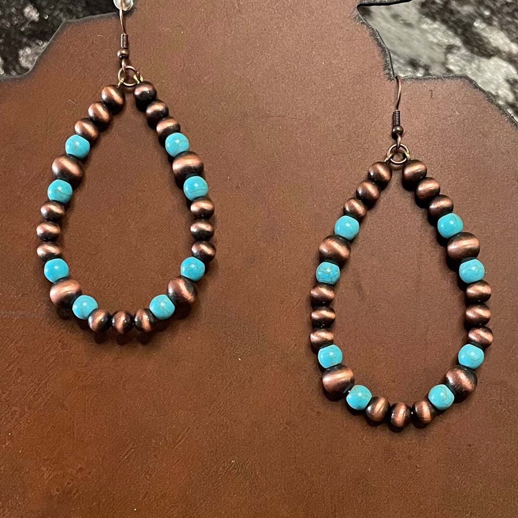 Copper-Tone Navajo Pearl and Turquoise Beaded Teardrop Earrings
