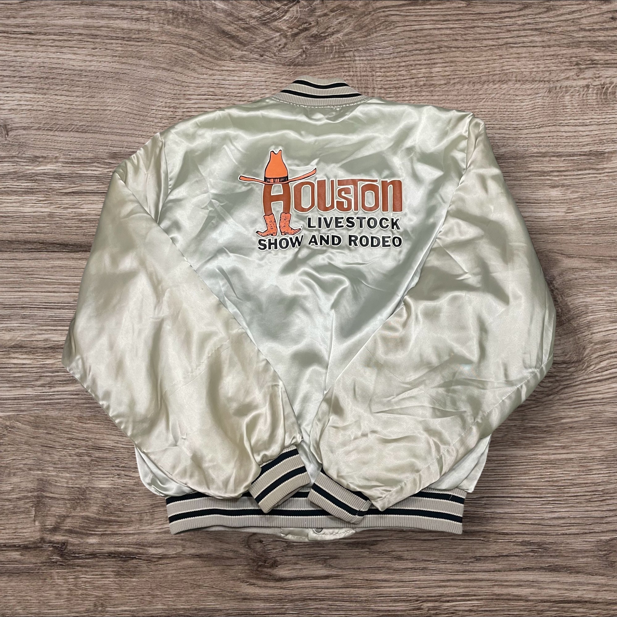 Large Vintage Houston Livestock Show & Rodeo Silver Satin Bomber