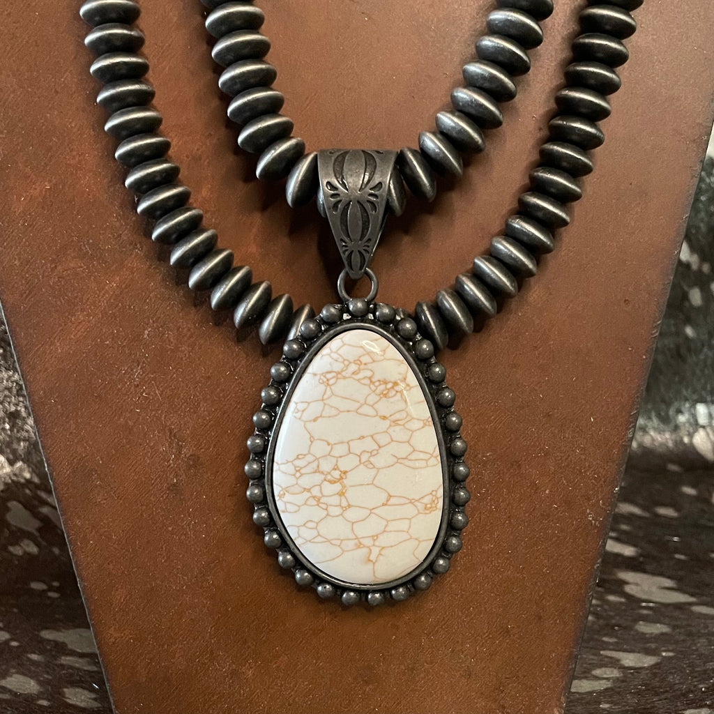Faux Navajo Pearl Beads White Teardrop Pendant Necklace