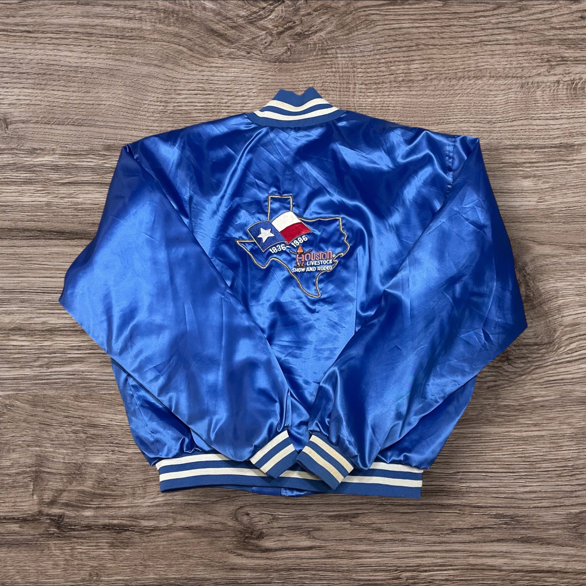 XLarge Vintage Houston Livestock Show and Rodeo Blue Satin Bomber