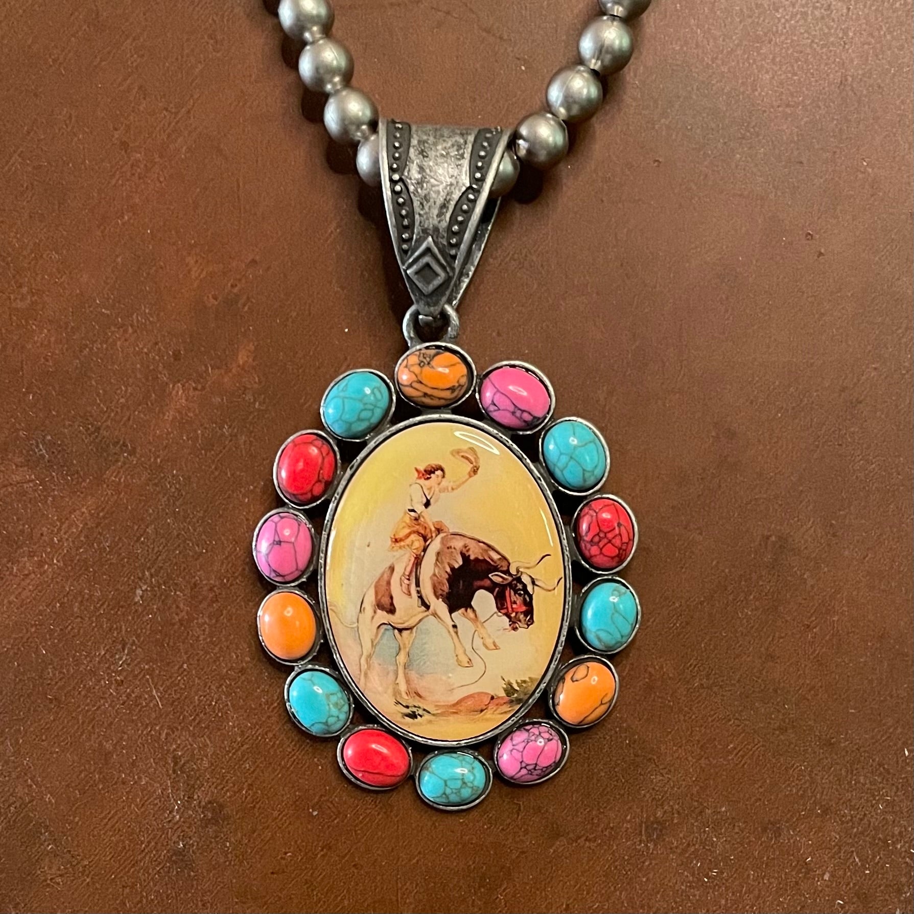 Multi-Colored Faux Stone Cowgirl Pendant