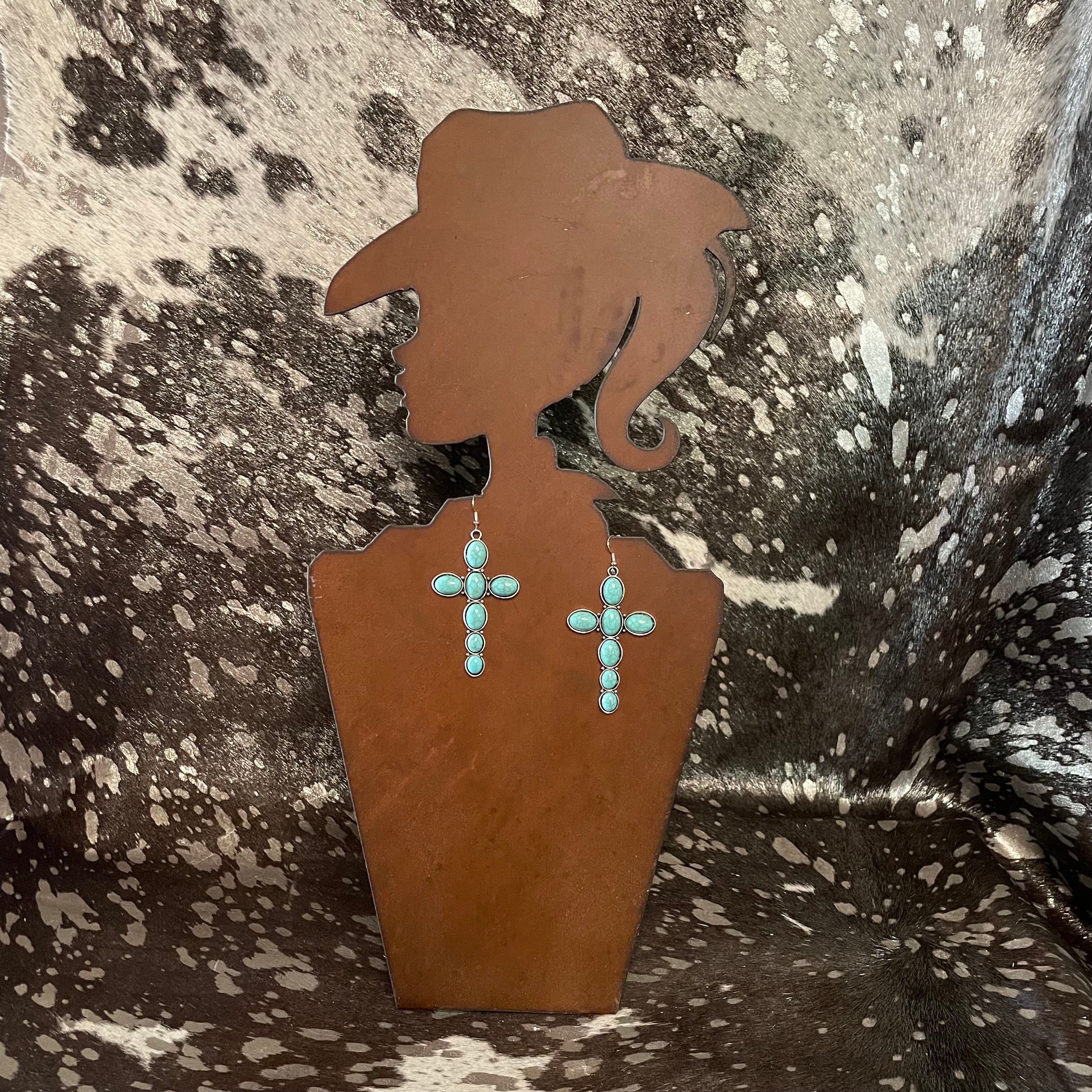 FAUX 3" Turquoise Cross Dangle Earrings