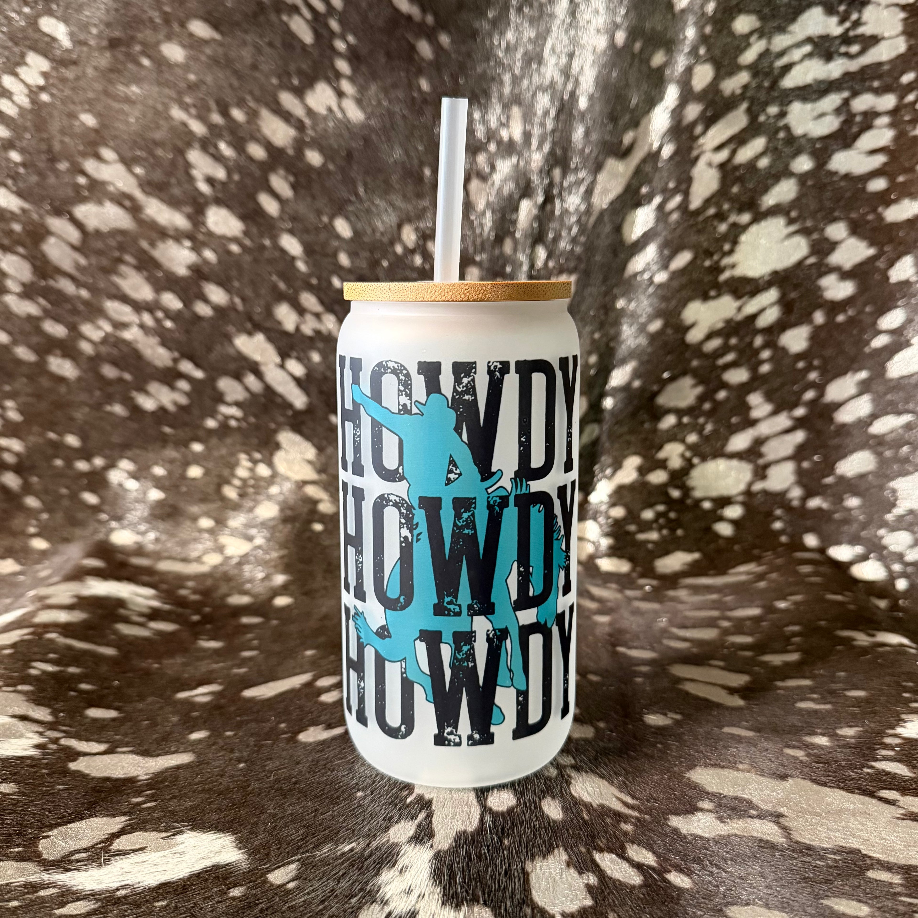 "Howdy" Bucking Bronc 16 oz Western Frosted Glass Tumbler